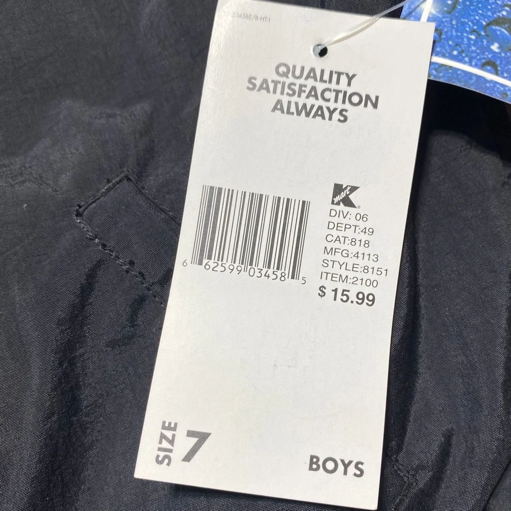 Basic Editions Boys Full Front Zip‎ Water Resistant Hooded Jacket Size 7 Black